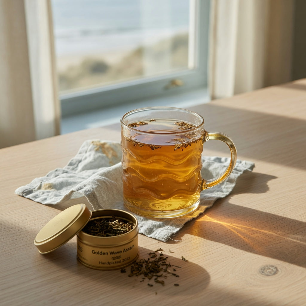 Golden waves tea mug gift filled with amber tea, wave-textured glass catching morning light beside a loose-leaf tea tin on a kitchen counter.