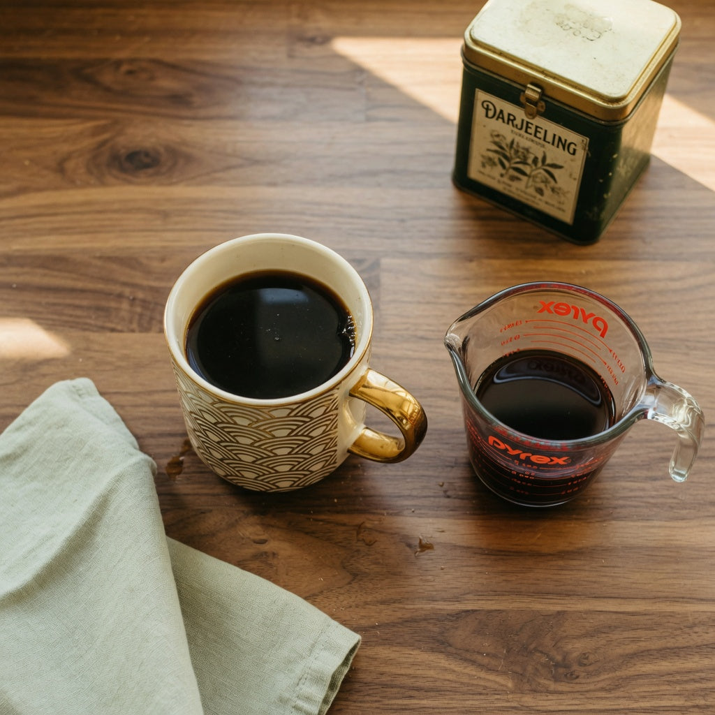 Golden waves tea mug vs coffee mug size comparison with a gold wave ceramic mug beside a glass 8-ounce measuring cup on a walnut kitchen counter