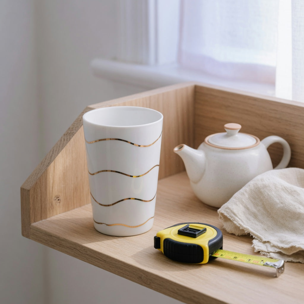 Golden waves tea mug white on an open kitchen shelf beside a teapot in soft morning light