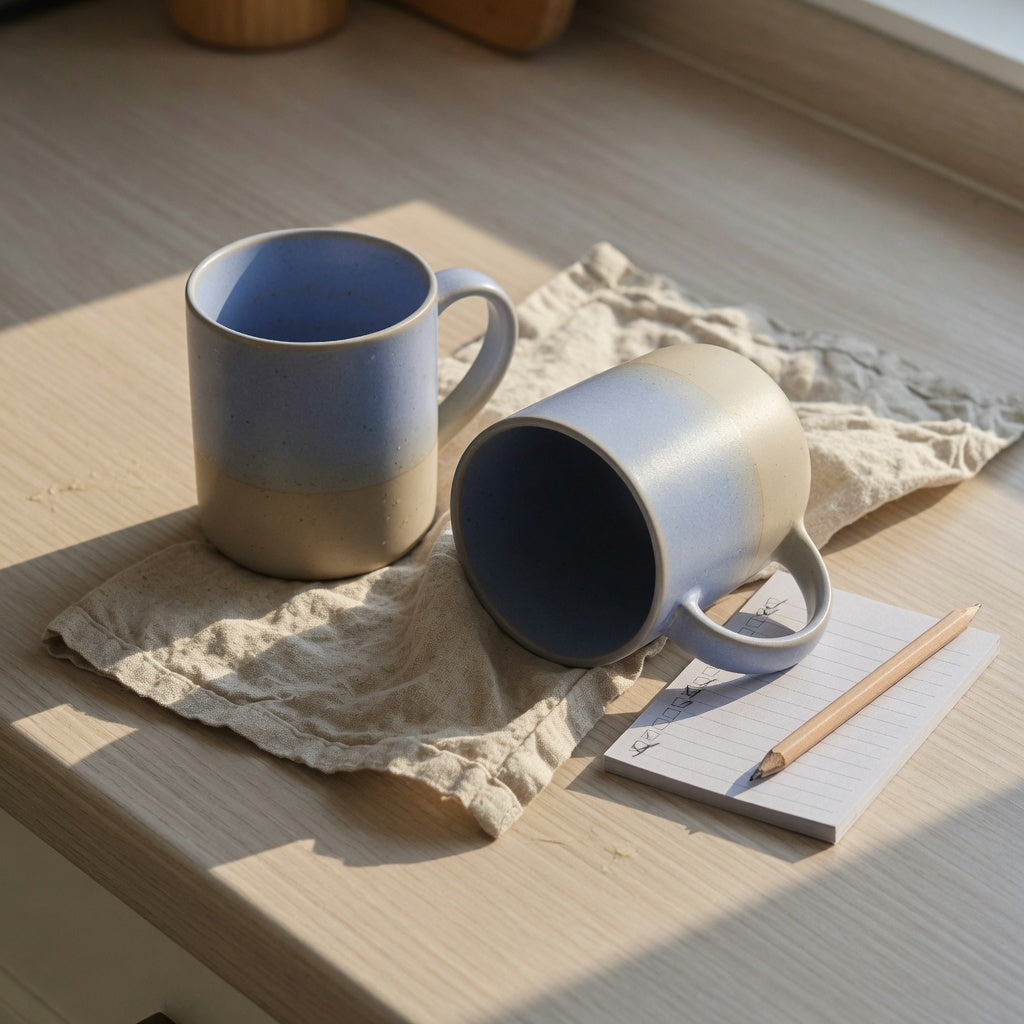 Gradient ceramic coffee mug buying checklist notes beside two ombre ceramic mugs on a kitchen counter