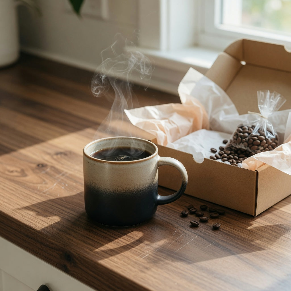 Gradient ceramic coffee mug gift with an ombre glaze beside a gift box on a kitchen counter