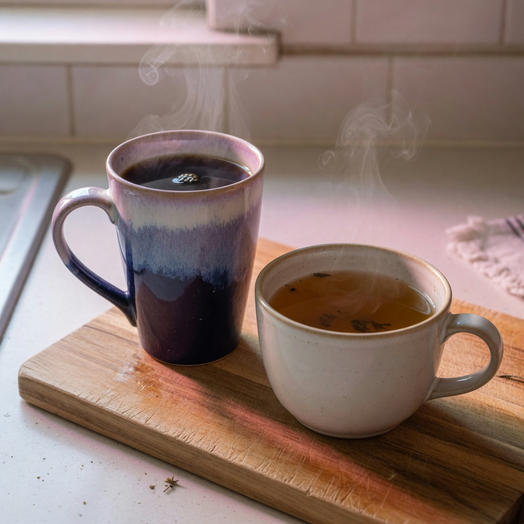 Gradient ceramic coffee mug vs tea mug on a wood counter, one poured with coffee and one with tea