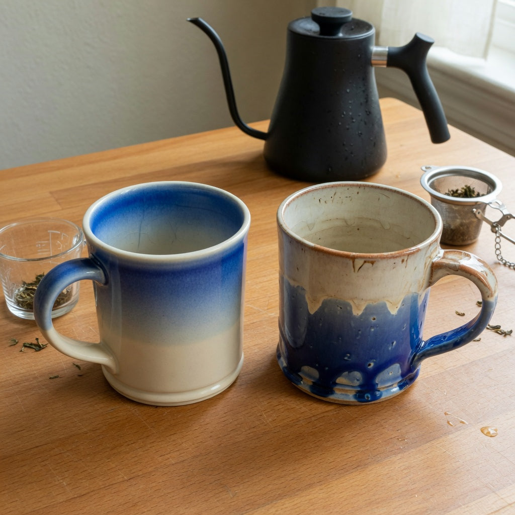 Gradient ceramic coffee tea mug comparison showing the ombre glaze, rim, handle, and foot ring