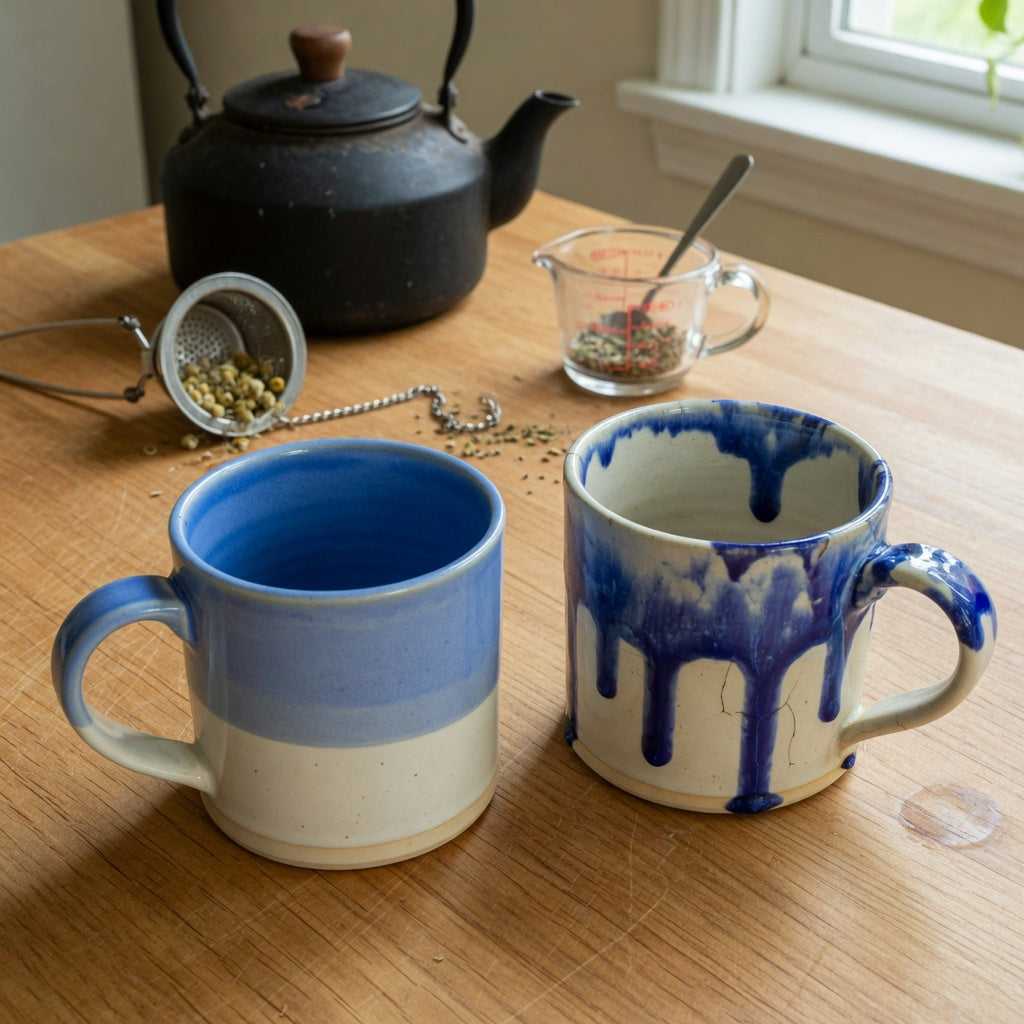 Gradient ceramic coffee tea mug comparison showing the ombre glaze, rim, handle, and foot ring