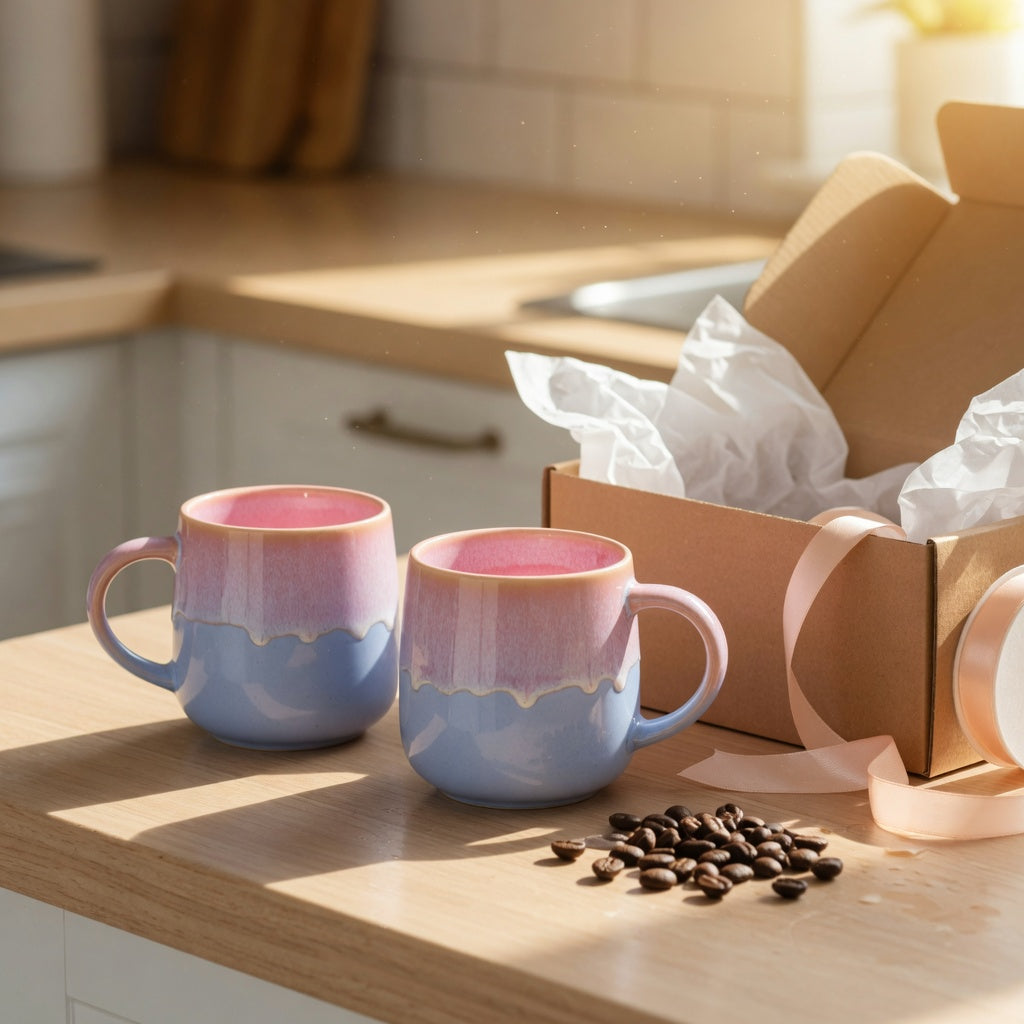 Two gradient ceramic coffee mugs beside a kraft gift box on a kitchen counter — gradient coffee mug gift ideas compared for finish, size, and care.