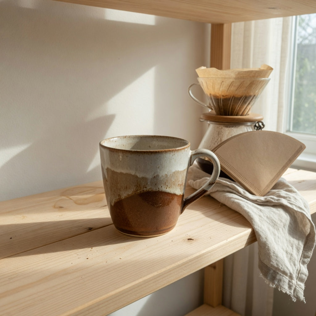 Gradient coffee mug home decor on an open kitchen shelf beside a pour-over coffee setup