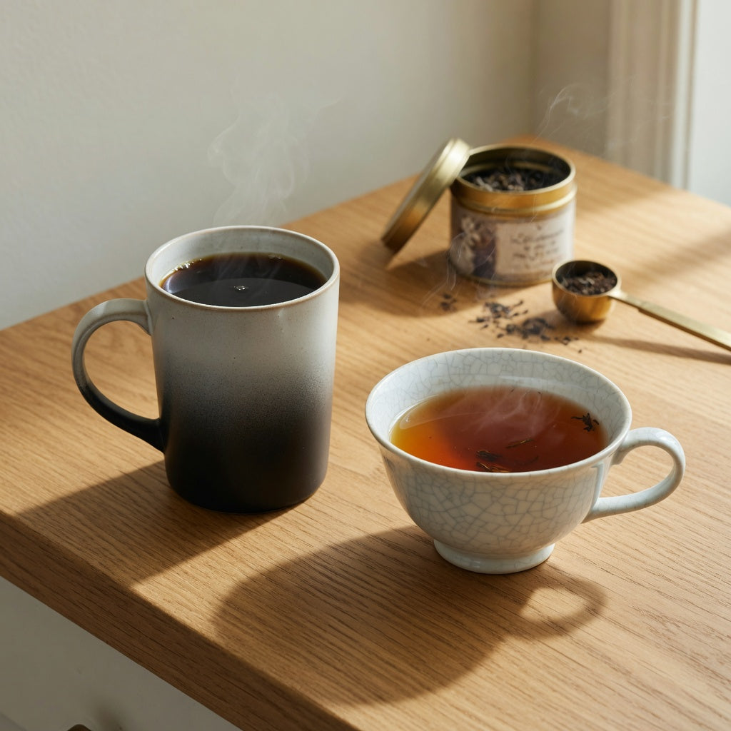 Gradient coffee mug vs tea mug comparison with a tall ombre coffee mug beside a wide-rim tea cup