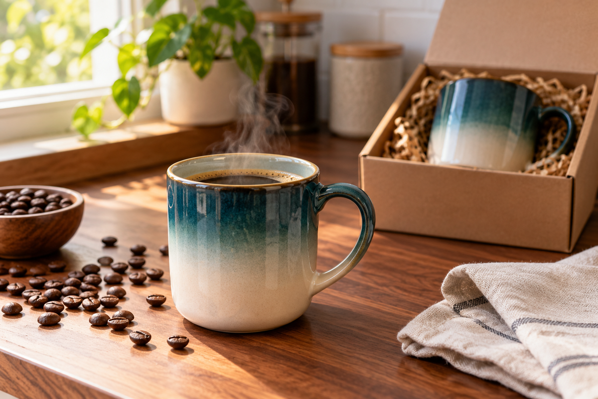 Gradient mug gift for coffee lovers: ombre coffee mug fading from teal to cream on a kitchen counter beside coffee beans