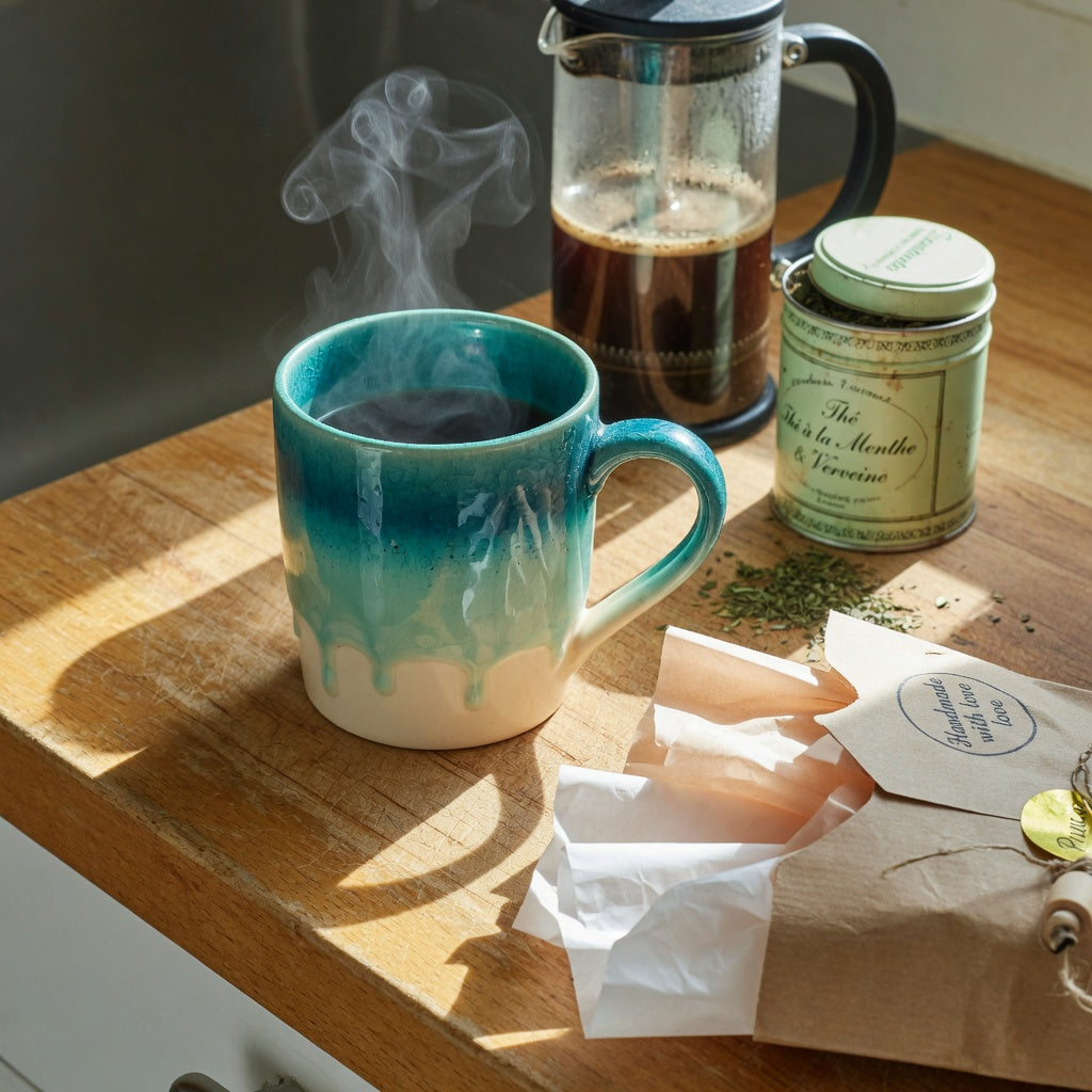 Gradient tea mug gift for coffee lovers in ombre glaze beside a French press and wrapped kraft gift box on a wooden counter