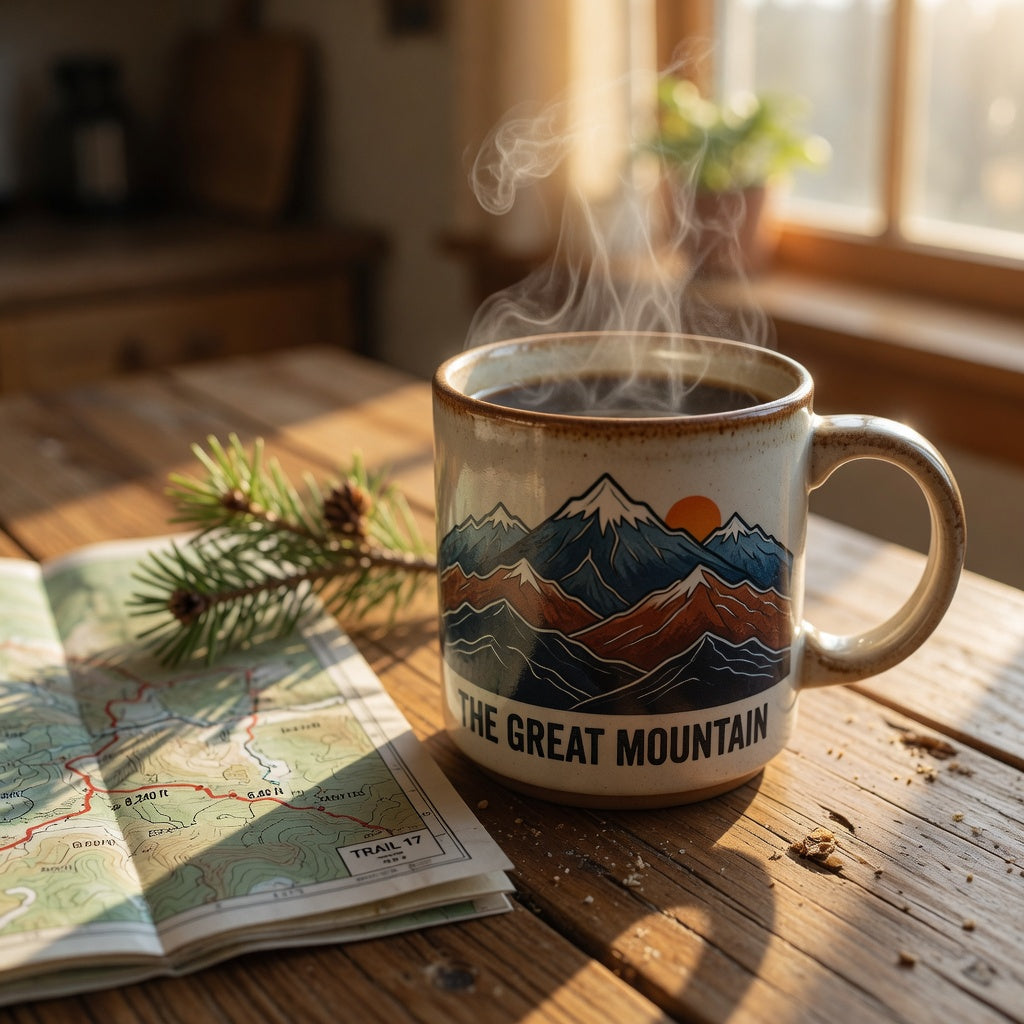 Great Mountain ceramic coffee mug gift with steaming coffee, a folded trail map, and a pine sprig on a wooden kitchen counter