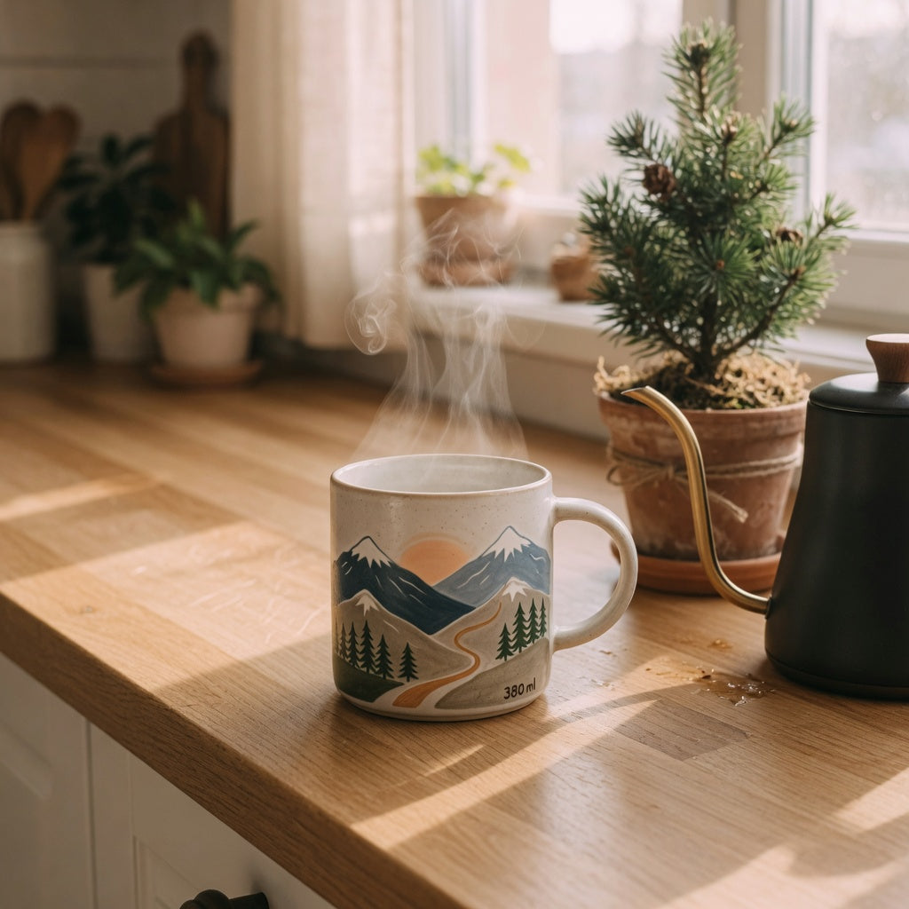 Great Mountain coffee mug for coffee lovers, shown as a 380 ml ceramic mug with a nature-inspired mountain design on a kitchen counter