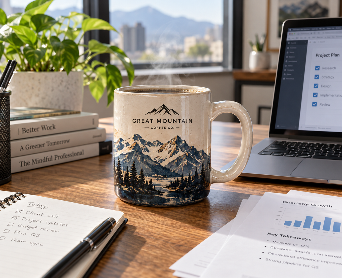 Great Mountain Coffee Mug for Office on modern office desk with coffee