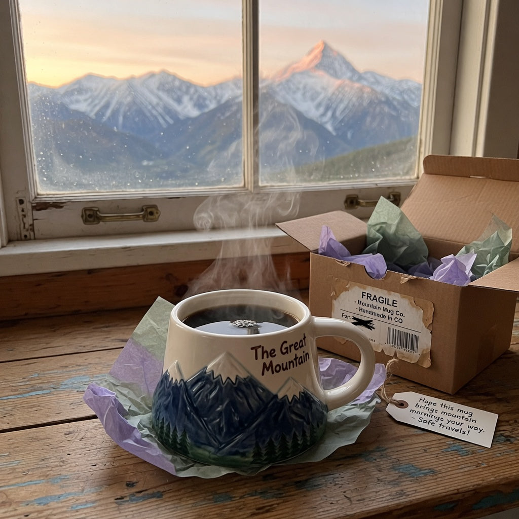 Great mountain coffee mug gift in ceramic with a mountain scene on a wooden kitchen counter