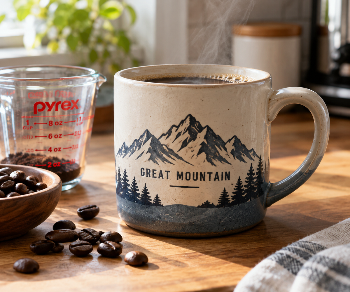 Great Mountain coffee mug size comparison with coffee and measuring tools