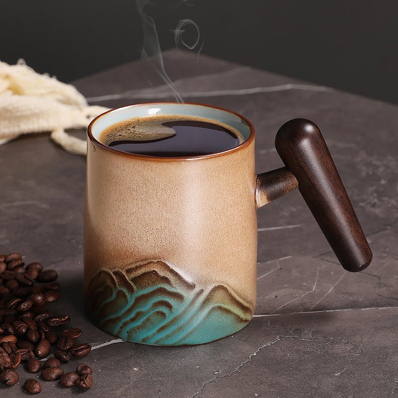 clay pottery coffee mugs morning routine practical purchase checklist with 200, 270 and 350 ml mugs beside a coffee maker