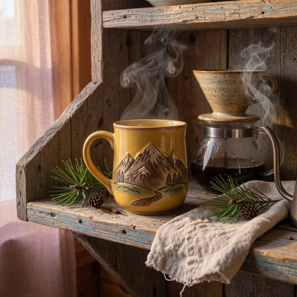 great mountain coffee tea mug for coffee lovers home decor displayed on a rustic wooden kitchen shelf
