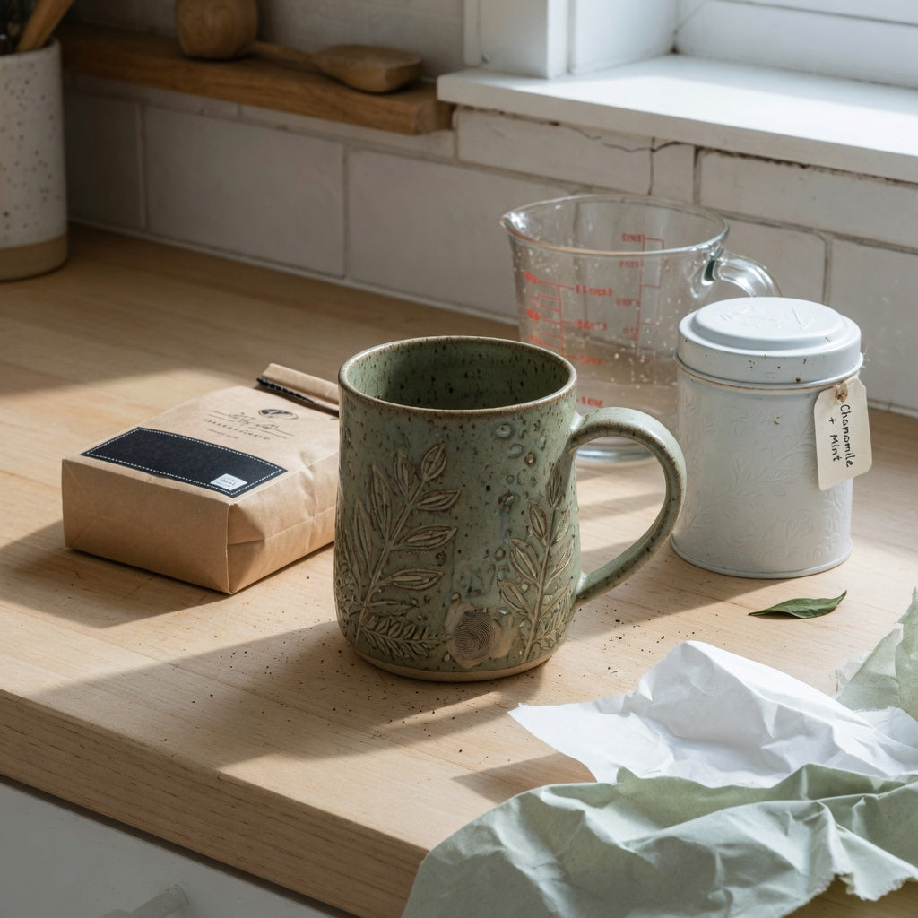Great mountain coffee tea mug gift ideas with a 380 ml nature-inspired ceramic mug beside coffee and tea add-ons