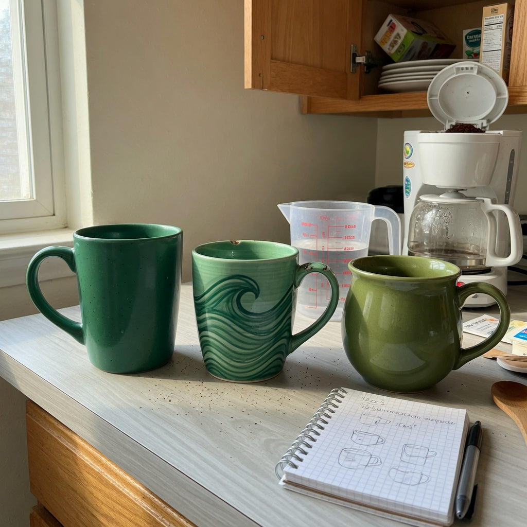 Green ceramic coffee mugs buying priorities compared with emerald, wave-patterned, and round mugs on a kitchen counter