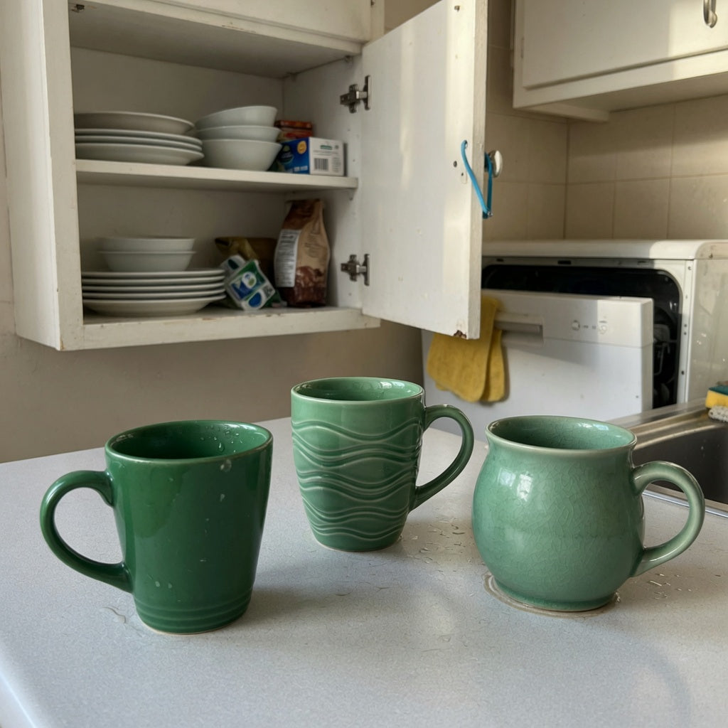 green ceramic coffee mugs everyday mug rotation practical purchase checklist shown with three mugs beside an open kitchen cabinet