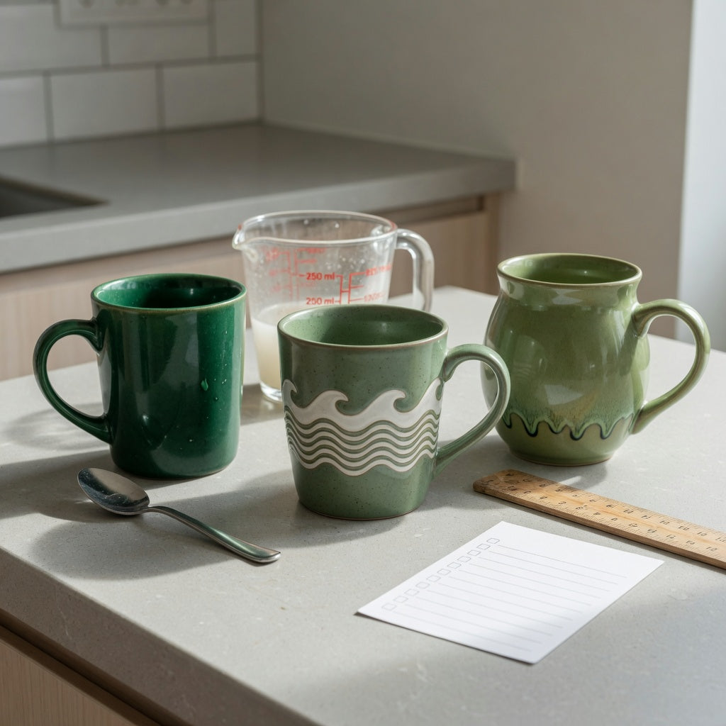 Comparison scene for the green ceramic coffee mugs first time buyer practical purchase checklist, with emerald, wave-motif, and rounded mugs