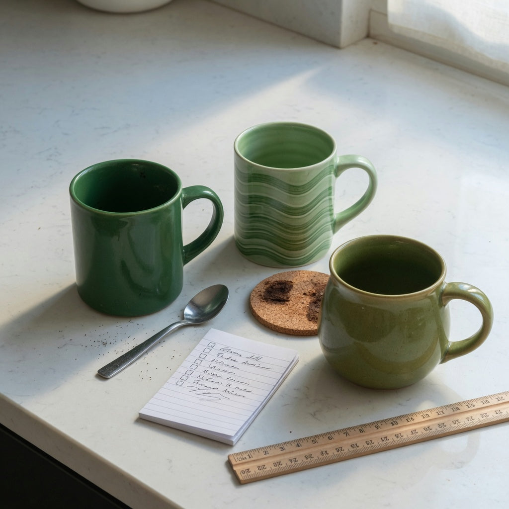 Green ceramic coffee mugs gift choice practical purchase checklist with Emerald, Green Waves, and Round styles compared on a counter