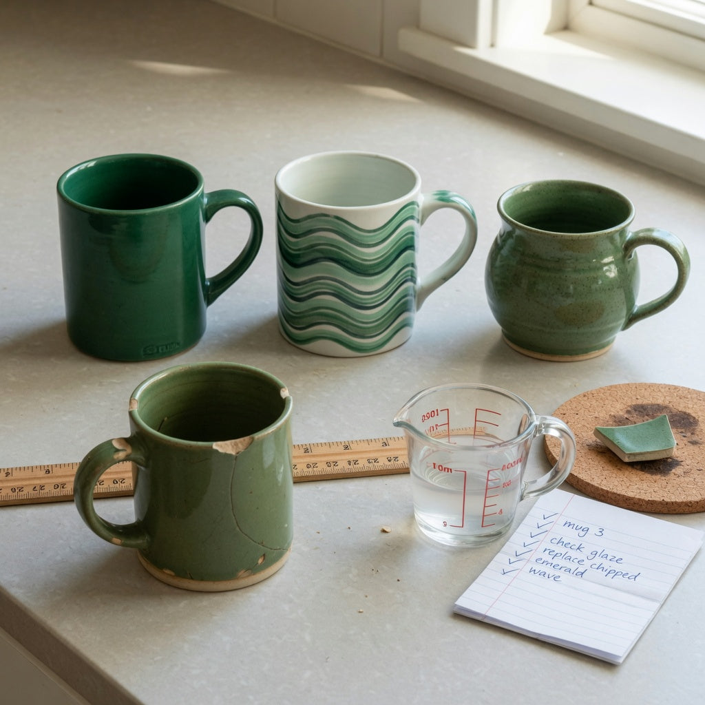 green ceramic coffee mugs replacement purchase practical purchase checklist with a ruler, chipped old mug, and Emerald, Green Waves, and Round options