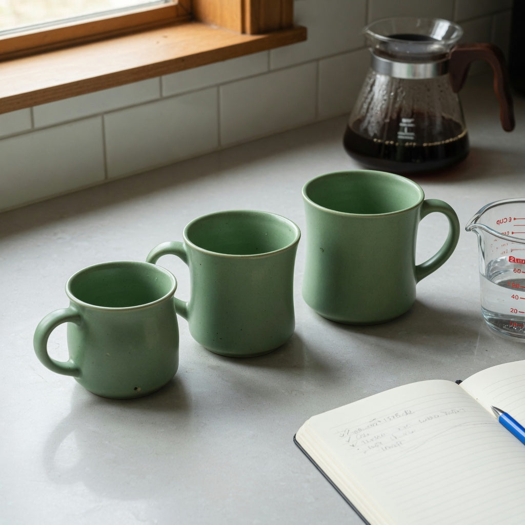 Green ceramic coffee mugs size decision guide showing smaller and larger 400, 440, and 480 ml options