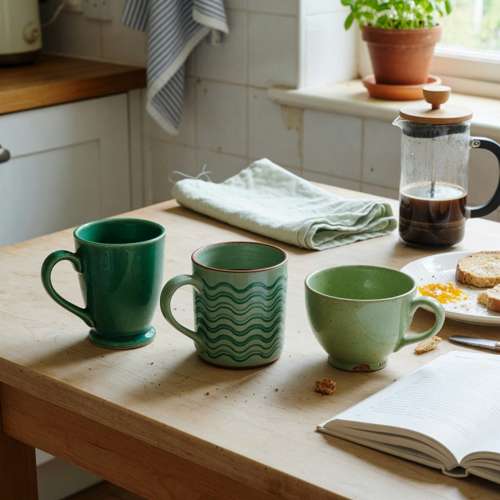 green ceramic coffee mugs weekend coffee practical purchase checklist shown beside a French press on a breakfast table