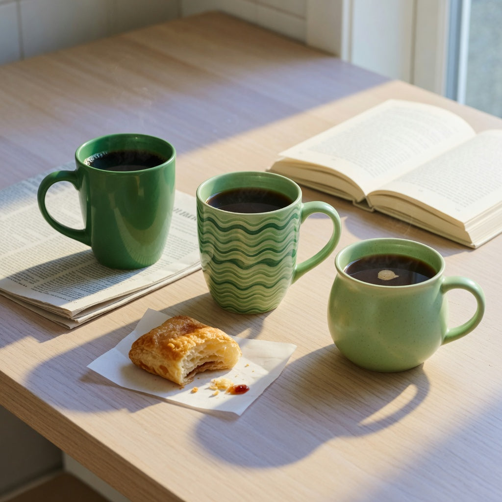 Green ceramic coffee mugs weekend coffee product shortlist guide showing Emerald, Green Waves, and Round mugs on a weekend kitchen table