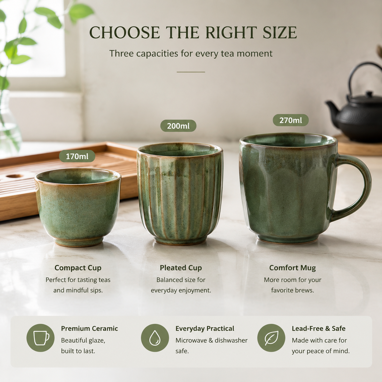 Green tea mug comparison with 170 ml Retro, 200 ml Pleated, and 270 ml Emerald options on a kitchen counter