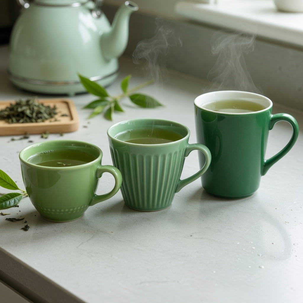 Green tea mug current product facts comparison of Retro 170 ml, Pleated 200 ml, and Emerald 270 ml shapes
