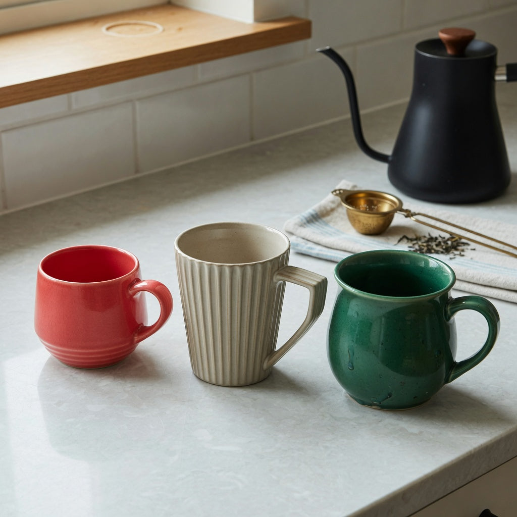 Comparison scene for a green tea mug first time buyer product shortlist guide showing Retro 170 ml, Pleated 200 ml, and Emerald 270 ml mugs