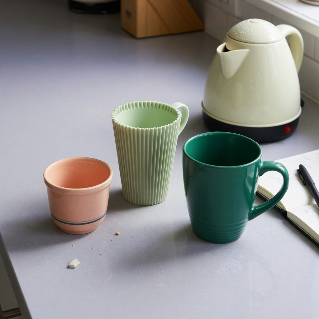 Green tea mug gift choice product shortlist guide showing Retro 170 ml, Pleated 200 ml, and Emerald 270 ml shapes