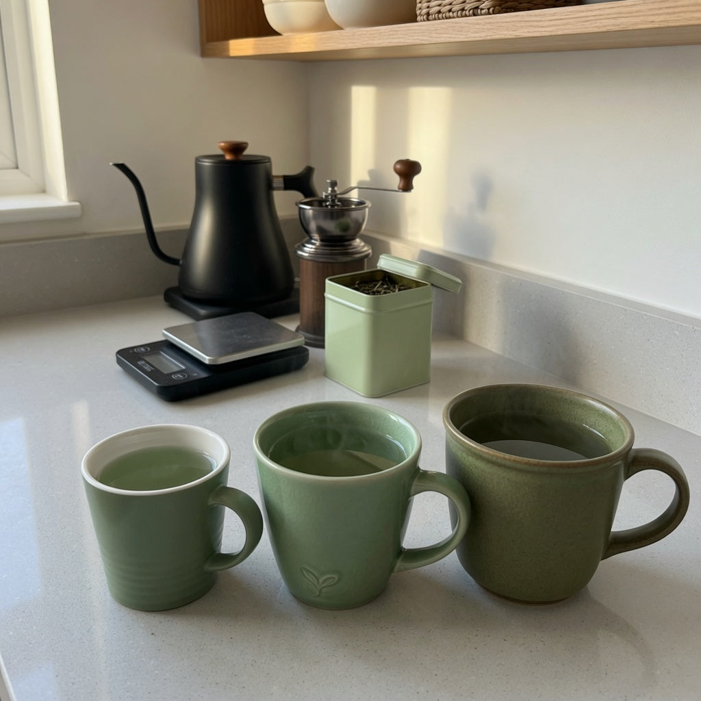 A green tea mug home coffee station practical purchase checklist showing 170 ml, 200 ml, and 270 ml options beside coffee tools