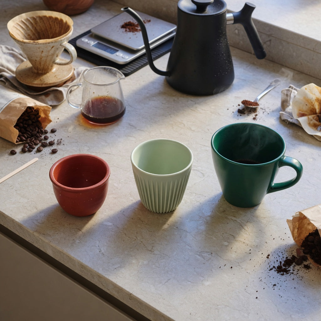 A green tea mug home coffee station product shortlist guide comparison showing the Retro 170 ml, Pleated 200 ml, and Emerald 270 ml beside a kettle and dripper