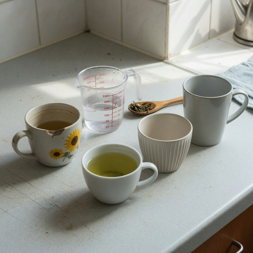A green tea mug replacement purchase practical purchase checklist comparing 170 ml Retro, 200 ml Pleated, and 270 ml Emerald options