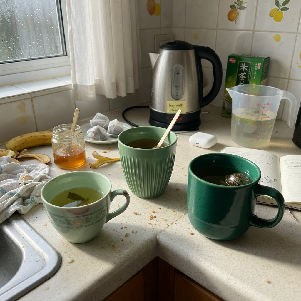 green tea mug shared household product shortlist guide showing Retro 170 ml, Pleated 200 ml, and Emerald 270 ml options on a shared kitchen counter