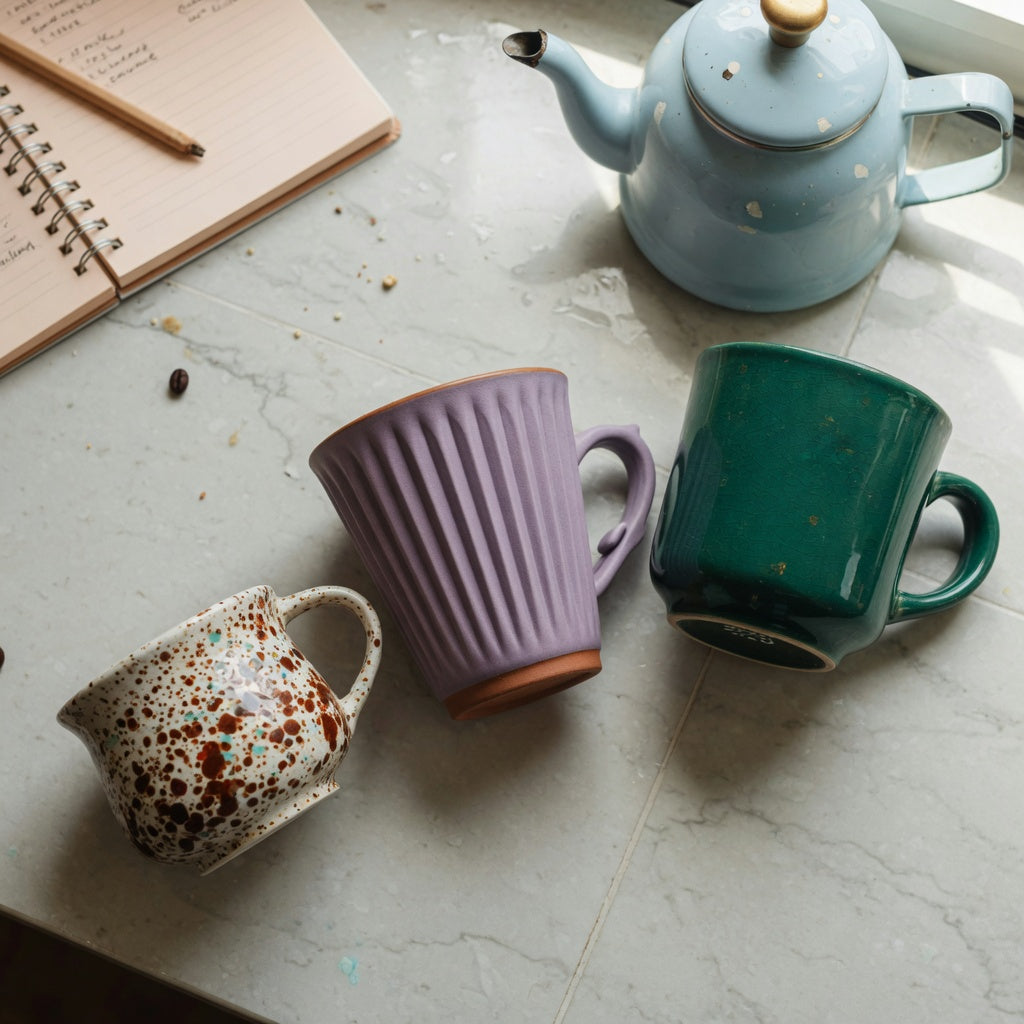 Side-by-side product scene for the green tea mug size decision guide with 170 ml, 200 ml, and 270 ml options