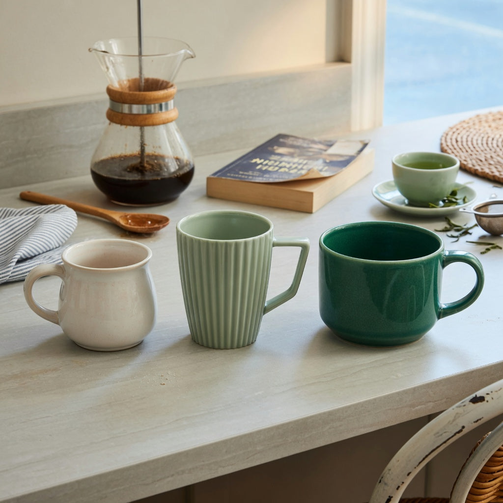 green tea mug weekend coffee product shortlist guide showing Retro 170 ml, Pleated 200 ml, and Emerald 270 ml mugs on a kitchen counter