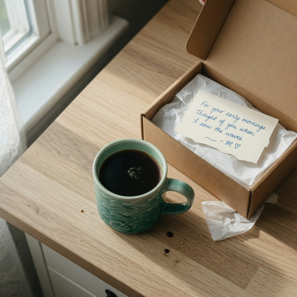 Green waves ceramic coffee mug gift beside an open gift box on a sunlit kitchen counter