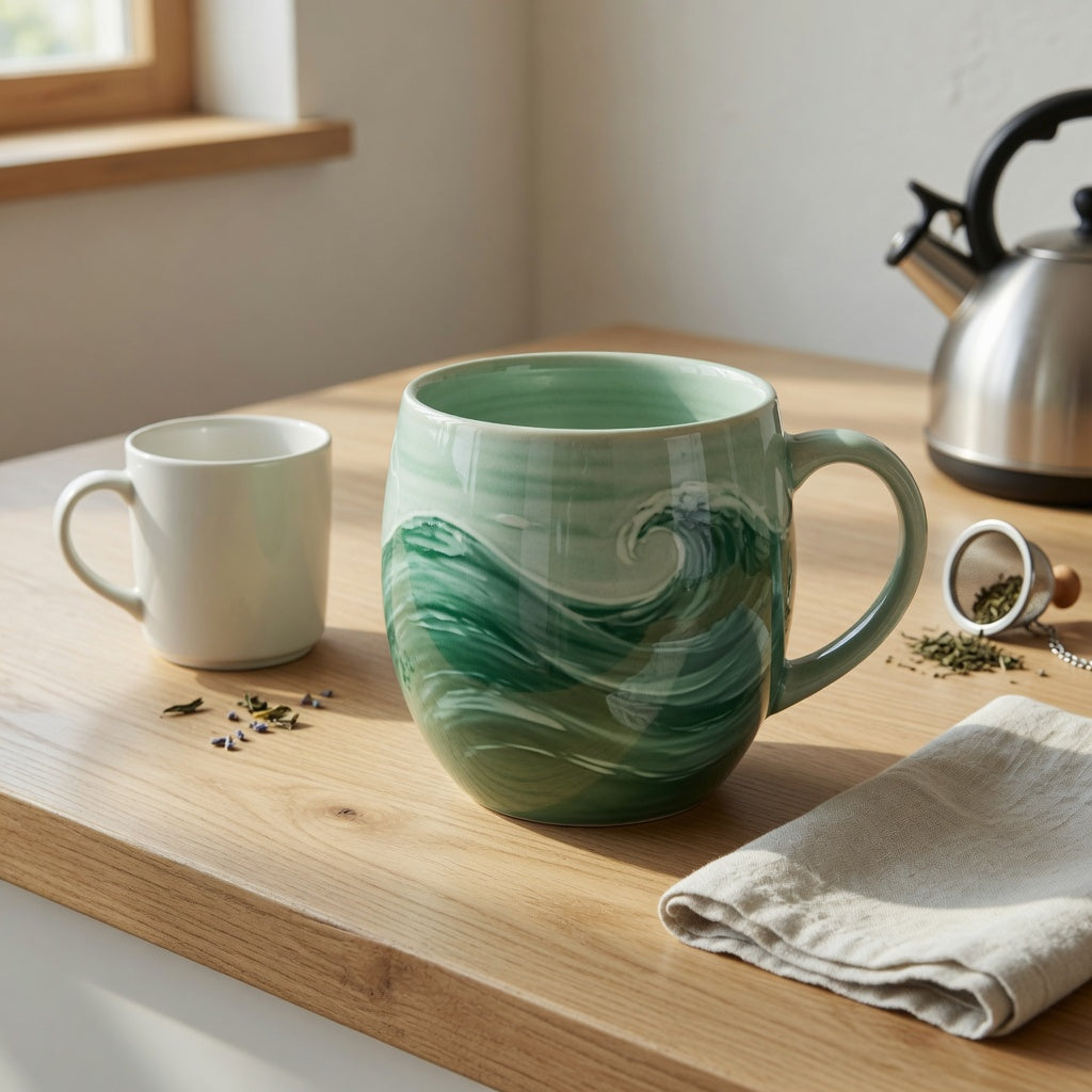 Green waves coffee mug beside a smaller plain ceramic mug for capacity and handle comparison