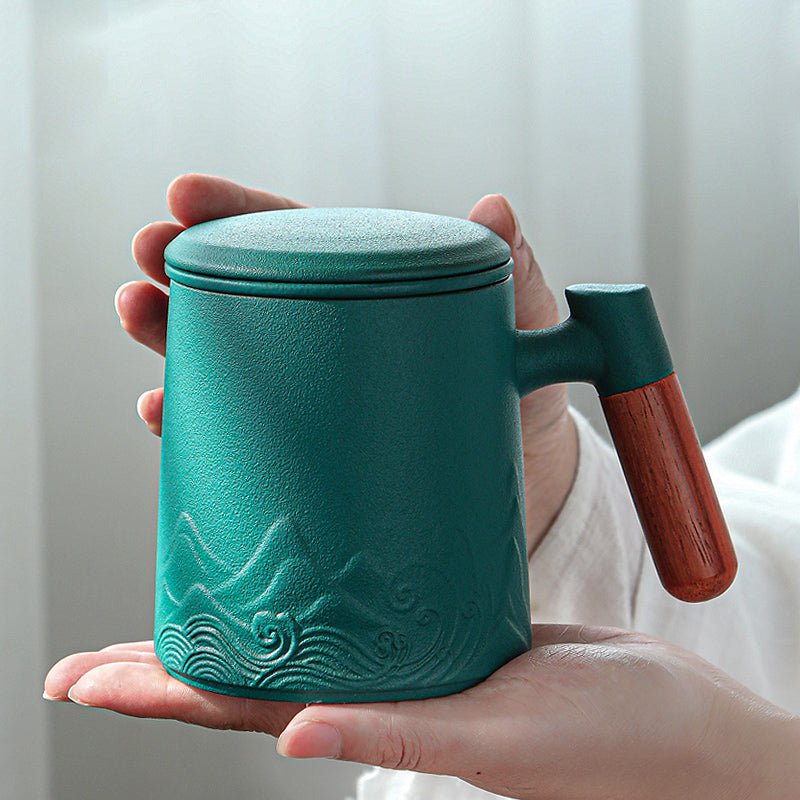 Green ceramic coffee mugs morning routine product shortlist guide — Emerald, Green Waves, and Round mugs on a kitchen counter