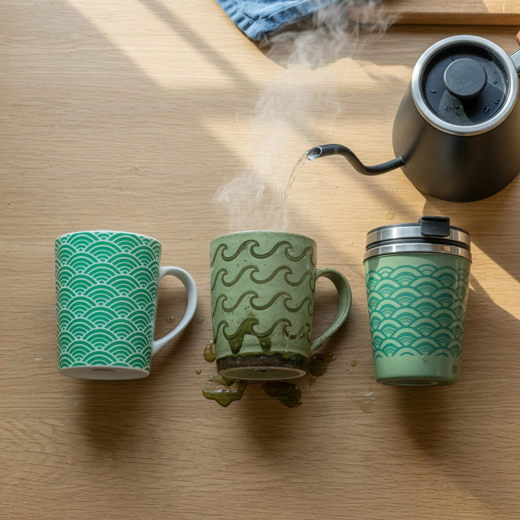 Three mugs side by side in a green waves mug comparison on a kitchen counter