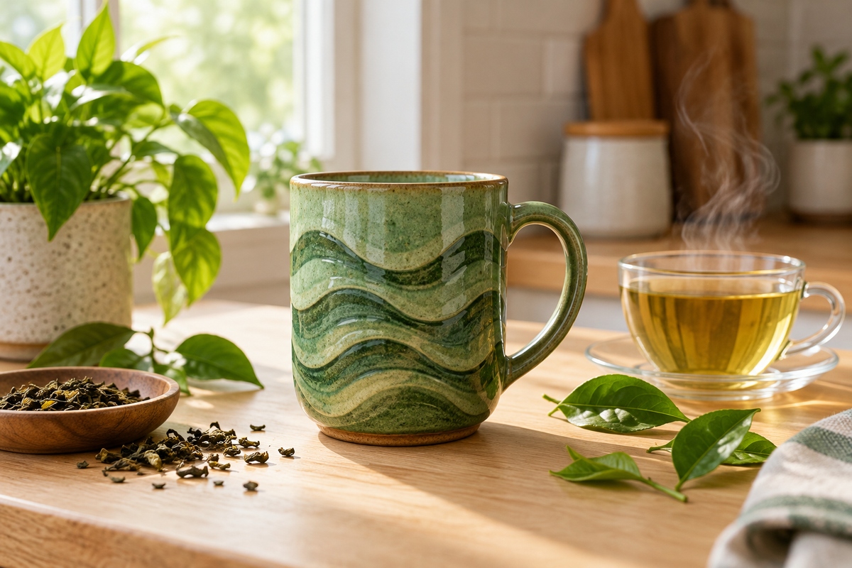 Green waves tea mug home decor featured in a bright modern kitchen setting