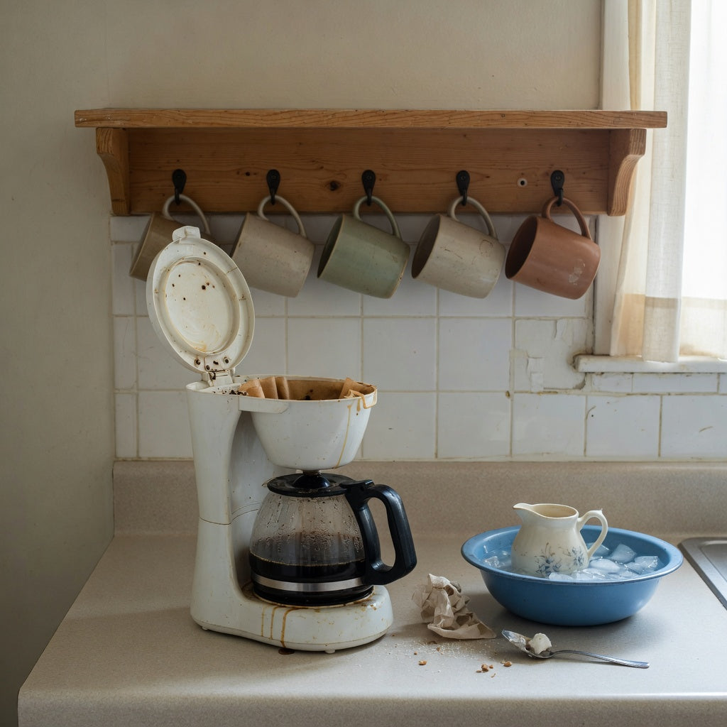Guest coffee cup shelf setup with everyday mugs on wall hooks above a countertop brewer