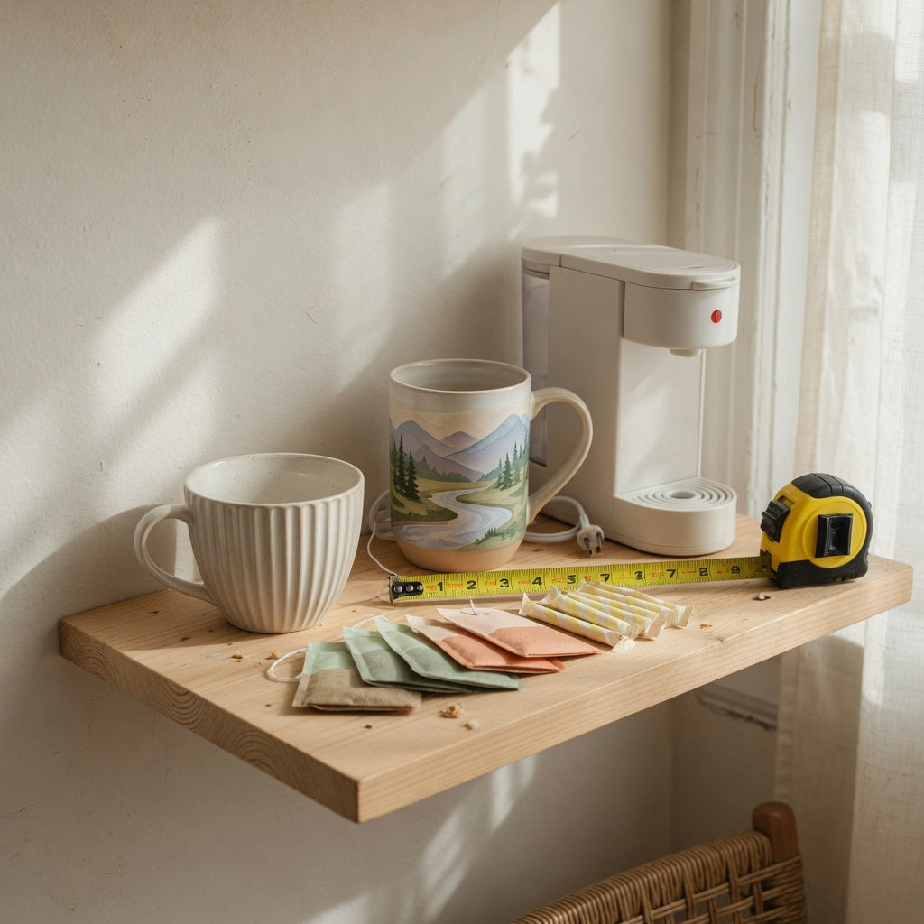 Guest shelf coffee tea cup comparison with pleated and tall mugs beside a compact brewer