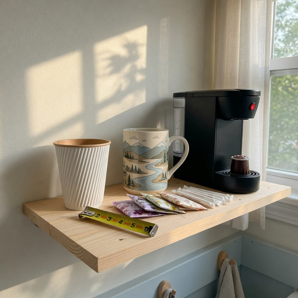 Guest shelf coffee tea cup comparison with pleated and tall mugs beside a compact brewer