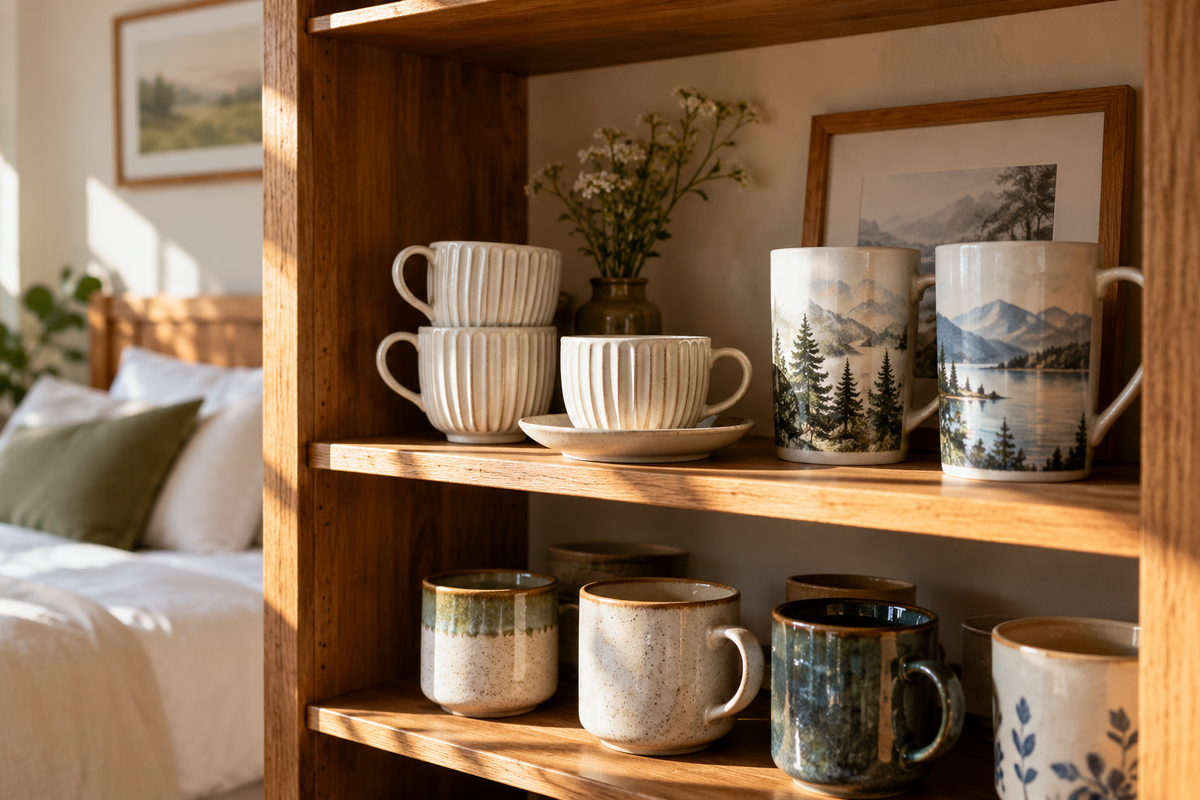 Guest shelf ideas with ceramic cup arrangements in a cozy guest room