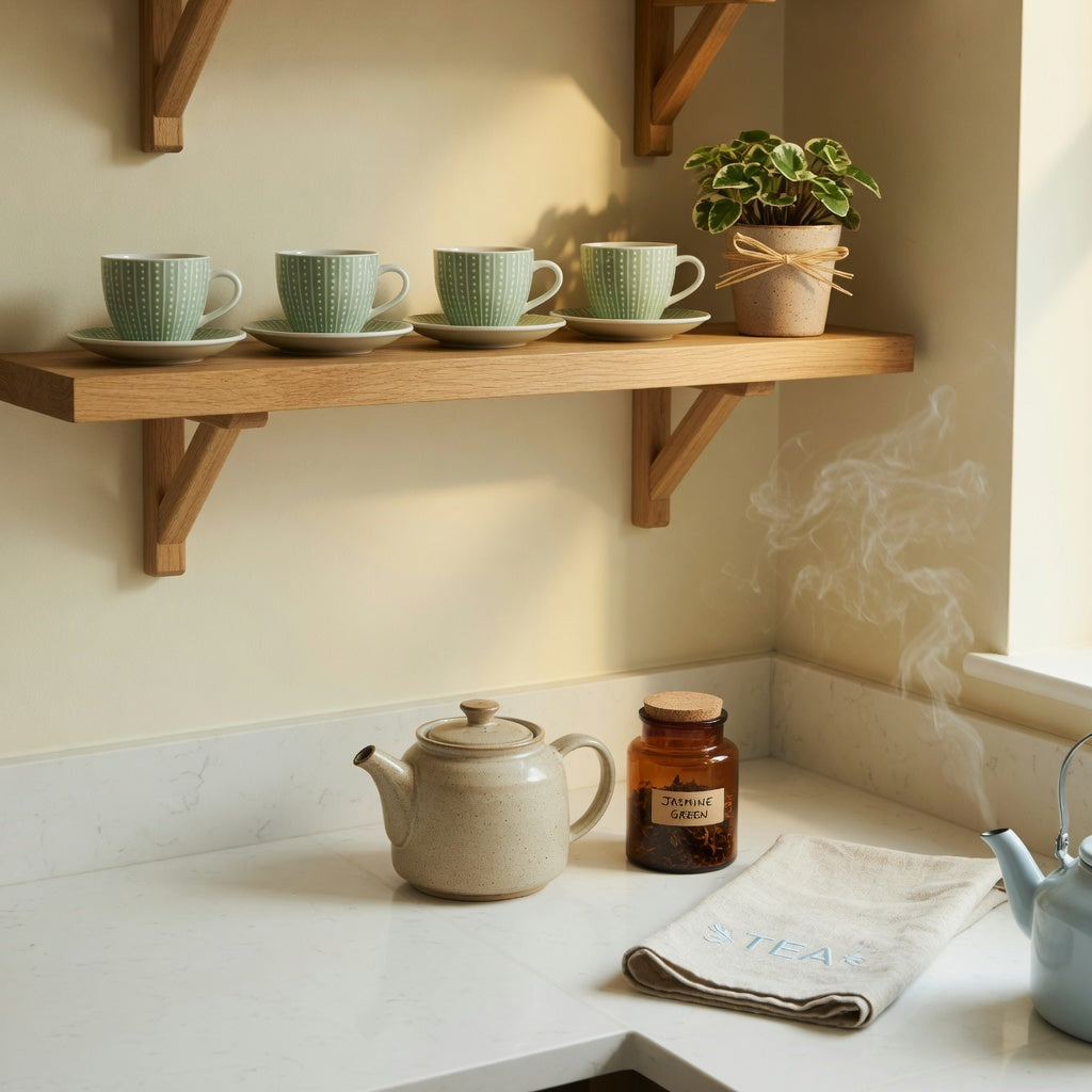 Guest tea cup shelf ideas: four ceramic cups and saucers styled on a light oak floating shelf beside a small plant, with a teapot and tea caddy on the counter below.