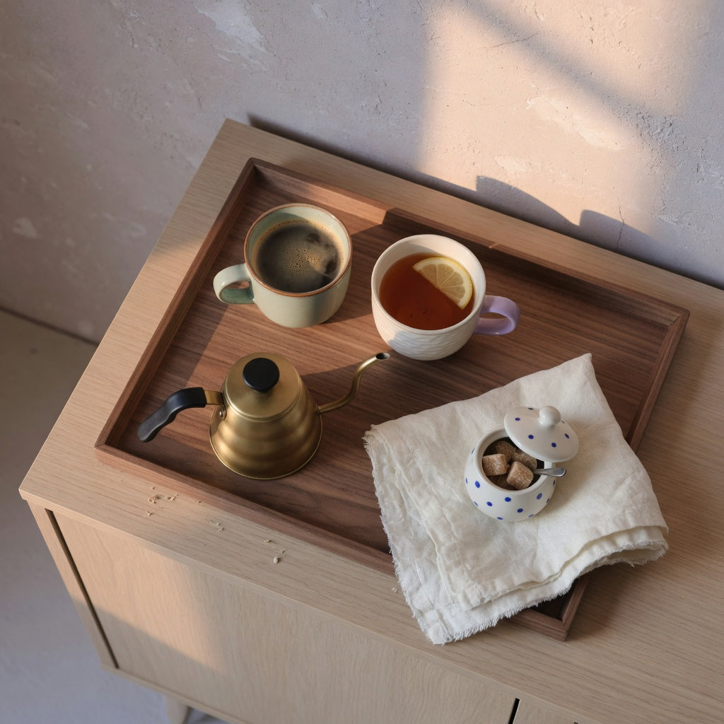 Guest tray ceramic cup set beside a kettle and linen napkin on a wooden hospitality tray